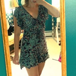 Blue-green ruffled floral mini dress